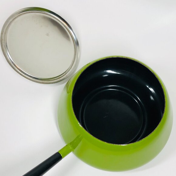 60s Olive Green Enamel Fondue Pot and Lid Midcentury Modern Sleek Cookware - Picture 2 of 10